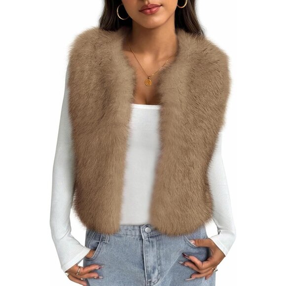 Jackets & Blazers - Women's Tan Faux Fur Vest Fall Fashion Sleeveless Fuzzy Jacket Fluffy Coats